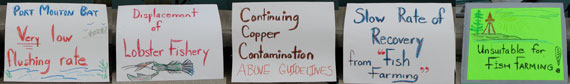 Aquaculture Lessons: Low flushing rate, displacement of lobster fishery, copper contamination, slow rate of recovery during 3 year fallowing: means Port Mouton Bay NOT suitable for fish farming.